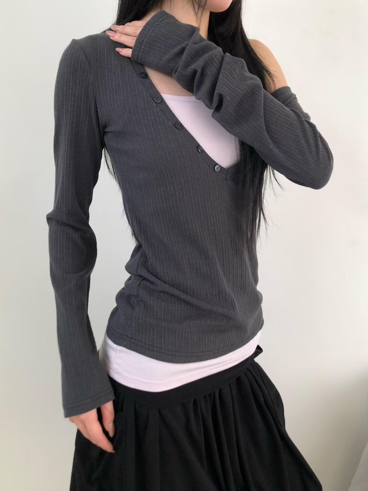 細肩背心+鈕扣坑條棉上衣兩件組